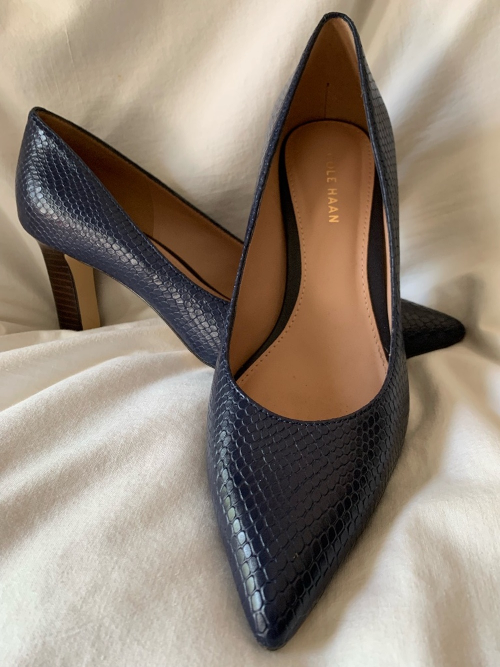 Cole Haan 'Mylah' dark blue leather snake embossed pumps/heels